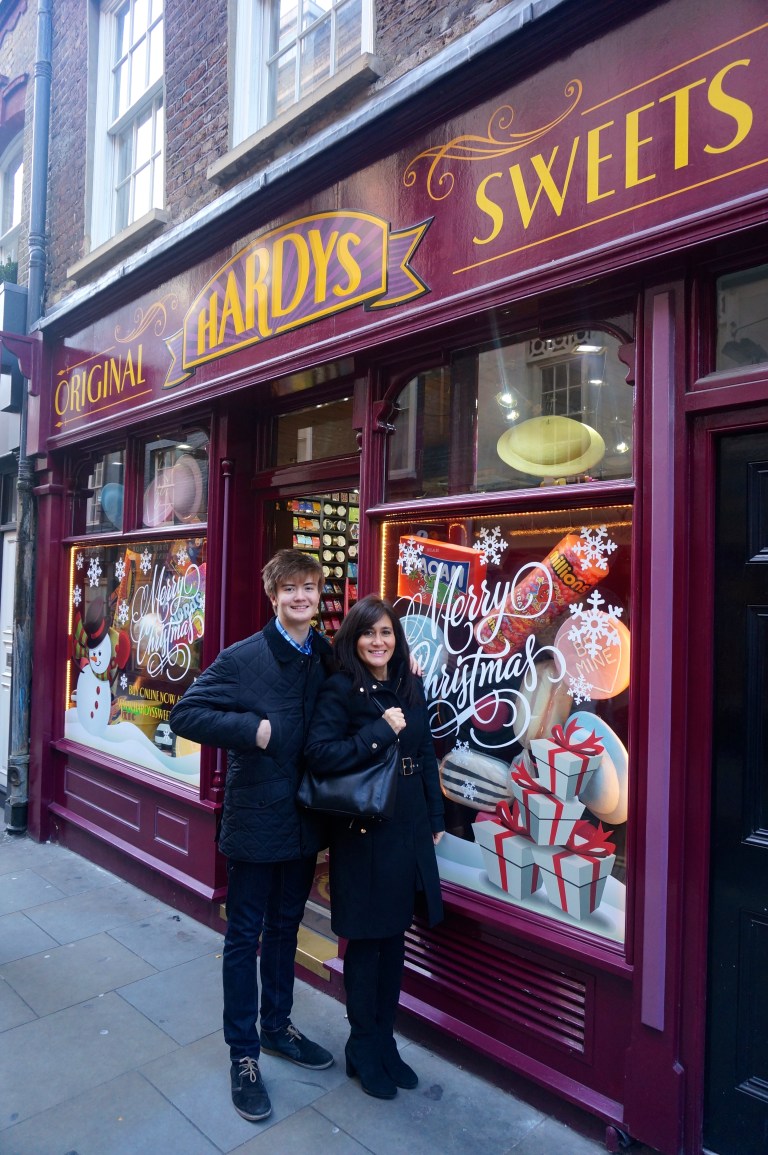 Mum and Kyle outside the sweet shop