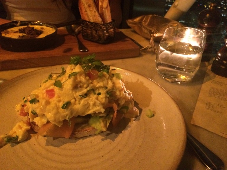 Colombian eggs with organic eggs, toast, avocado and smoked salmon